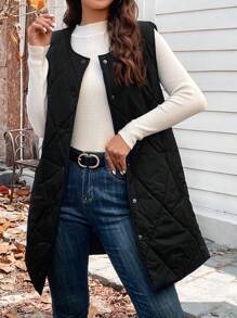 SHEIN LUNE Chất rắn Nút phía trước Áo khoác vest quilted - màu đen - Xem 1