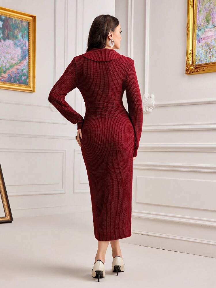 Button Front Ribbed Knit Sweater Dress Without Belt Fall Cloth For Women