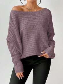 Chiquease Boat Neck Batwing Sleeve Sweater,Long Sleeve Tops Knit Pullover Fall Winter Sweater - Purple - View 3