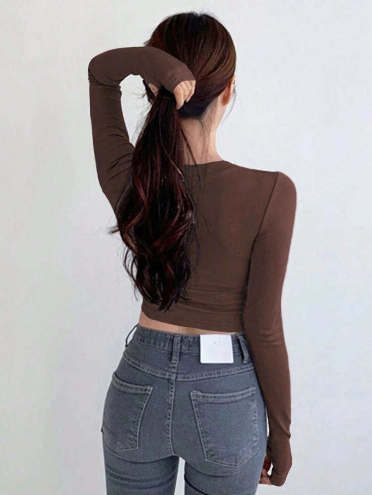 Solid Crop Tee,Fall Clothes Preppy Tops Long Sleeve Women Tops