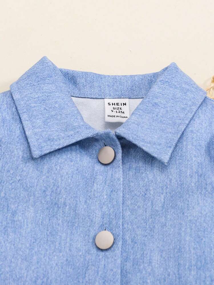 Baby Girl Denim Puff Sleeve Jacket And Color Block Mesh Dress Set