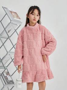 SHEIN Tween Girl Cartoon Pattern Drop Shoulder Teddy Dress - Dusty Pink - View 4