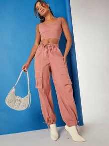 L'Amorae Contrast Stitch Top & Cargo Pants Two Pieces Set - Dusty Pink - View 5