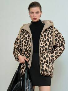 Anewsta Abrigo acolchado con capucha con cierre de cremallera reversible estampado de leopardo