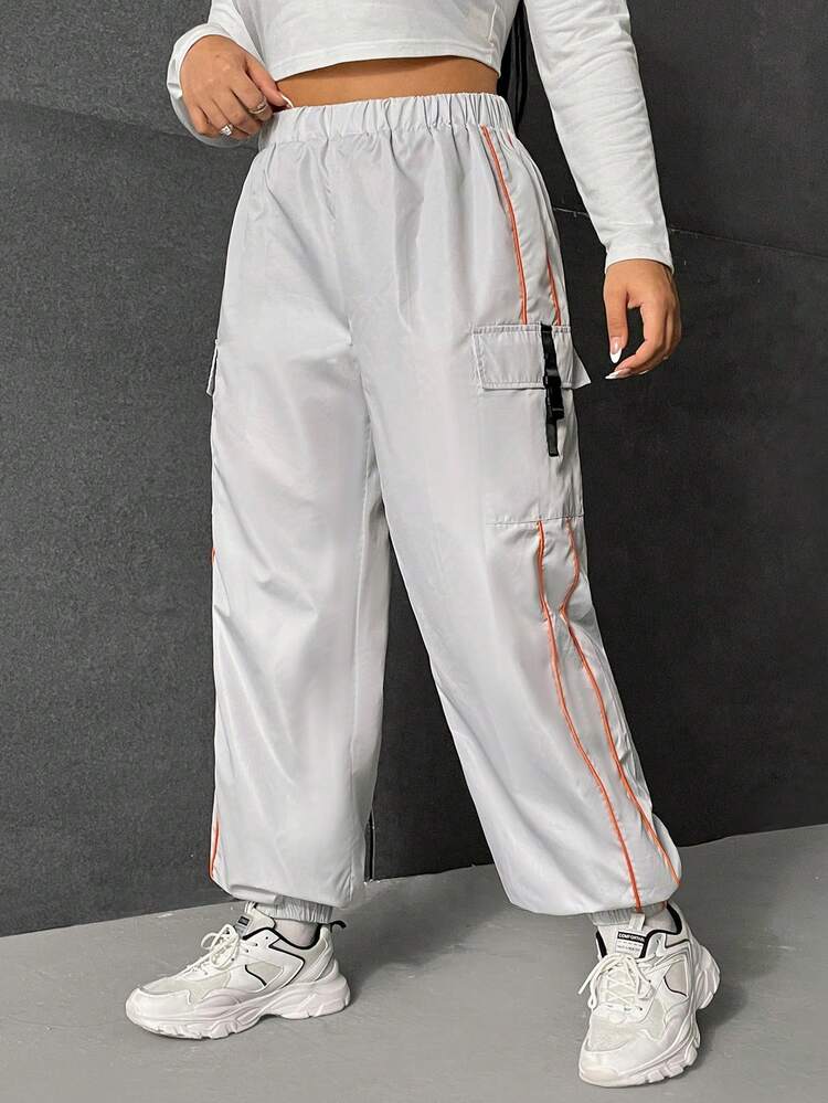 Adjustable Buckle Strap Decorated Side Striped Cool Pants