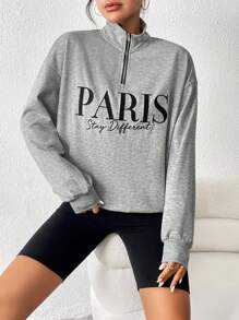 SHEIN Essnce 字母刺繡半拉鏈落肩袖運動衫 - 灰色 - 查看 5