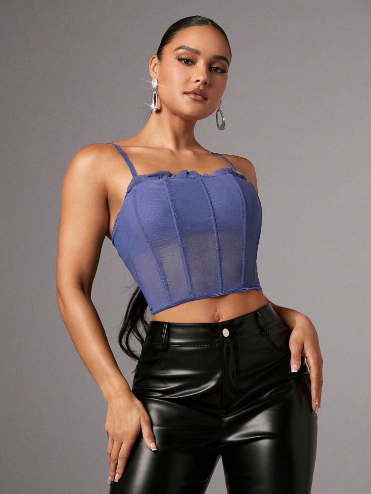 Solid Ruffle Trim Mesh Cami Top