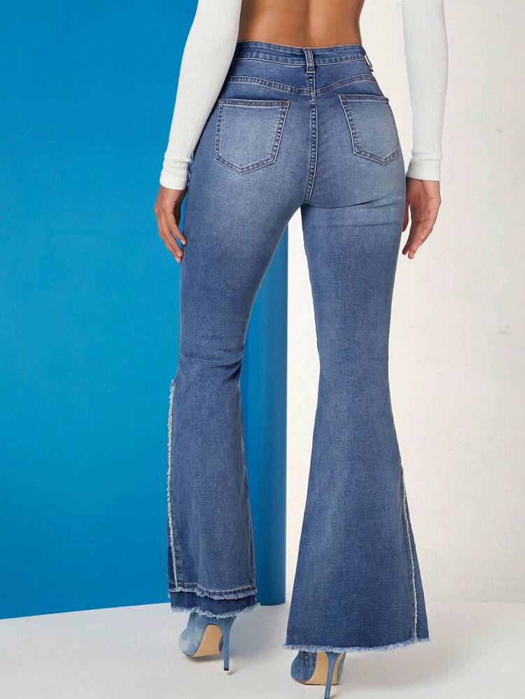 Casual Seam Detail Frayed Flare Leg Jeans