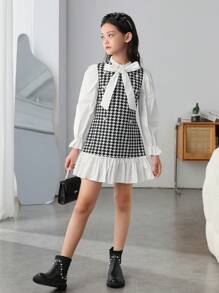 Cô gái Tween In Houndstooth tay áo lá sen Xù Hoa Sen Đầm - Đen và trắng - Xem 6