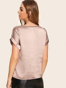 SHEIN Privé Top de satén de puño de doblez - Rosa - Ver 2
