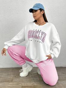 SHEIN EZwear 大碼字母圖案落肩袖衛衣和衛褲 - 粉色 - 查看 6