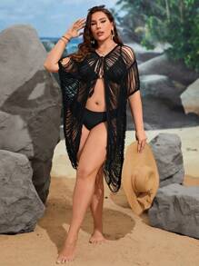 SHEIN Swim Curve Kimono buộc dây phía trước khoét rỗng cỡ lớn mùa hè - màu đen - Xem 1