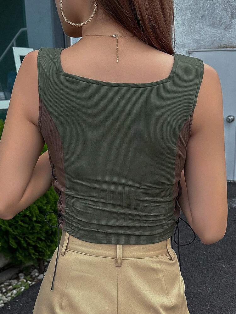 Letter Graphic Lace Up Side Crop Tank Top