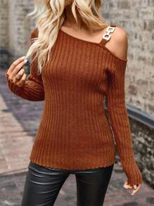 SHEIN LUNE Chain Detail Asymmetrical Neck Ribbed Knit Pullover Fall Winter Sweater - Brown - View 6