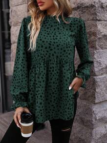 SHEIN LUNE 斑点狗印花荷叶边袖荷叶边衬衫 荷叶边上衣 - 綠色 - 查看 3