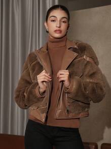 Anewsta Contrast Panel Zip Up Fuzzy Coat - Mocha Brown - View 6