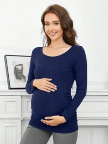 Maternity Ruched Side Solid Tee - Royal Blue - View 3