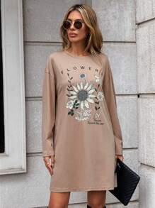 SHEIN LUNE Đồ họa hoa & chữ Váy thun trễ vai - Màu be - Xem 5