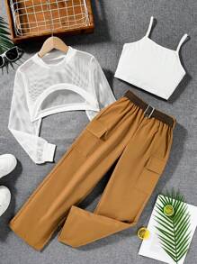 SHEIN Tween Girl高低下擺網狀上衣&背心&蓋片口袋貨運褲套裝 - 彩色 - 查看 1