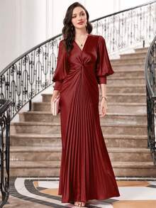 Twist Front Pleated Hem Satin Dress - Red - View 3
