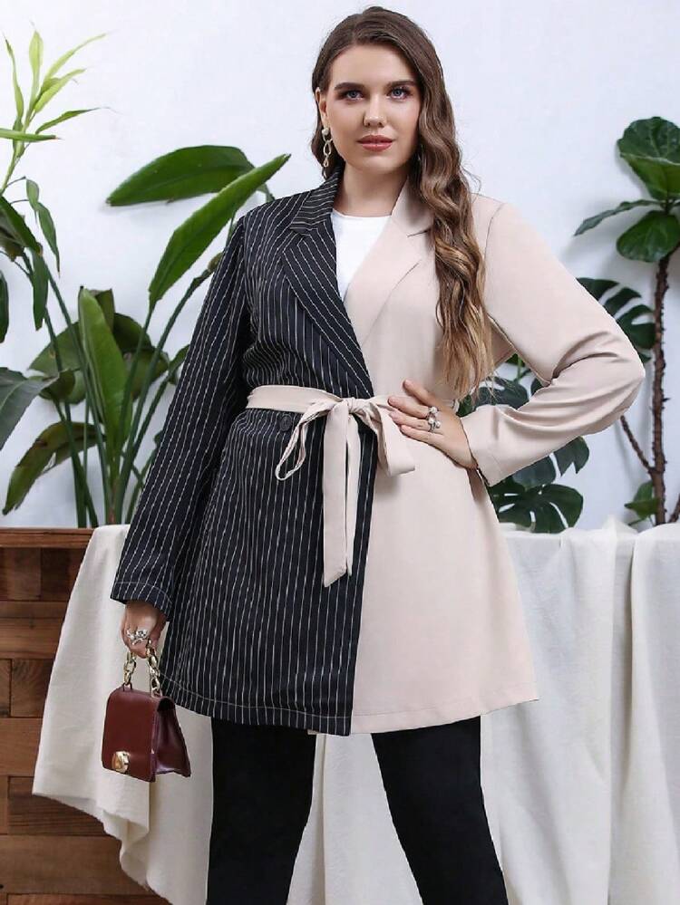 Plus Striped Print Lapel Collar Belted Blazer Fall Cloth For Women