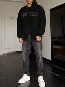 Manfinity Men's Baggy Baseball Collar Padded Coat With Drop Shoulder And Letter Graphic Design - Black - View 6