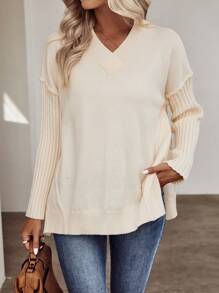 SHEIN Unity Suéter de punto con hombros caídos y bajo con abertura para otoño e invierno - Albaricoque - Ver 1