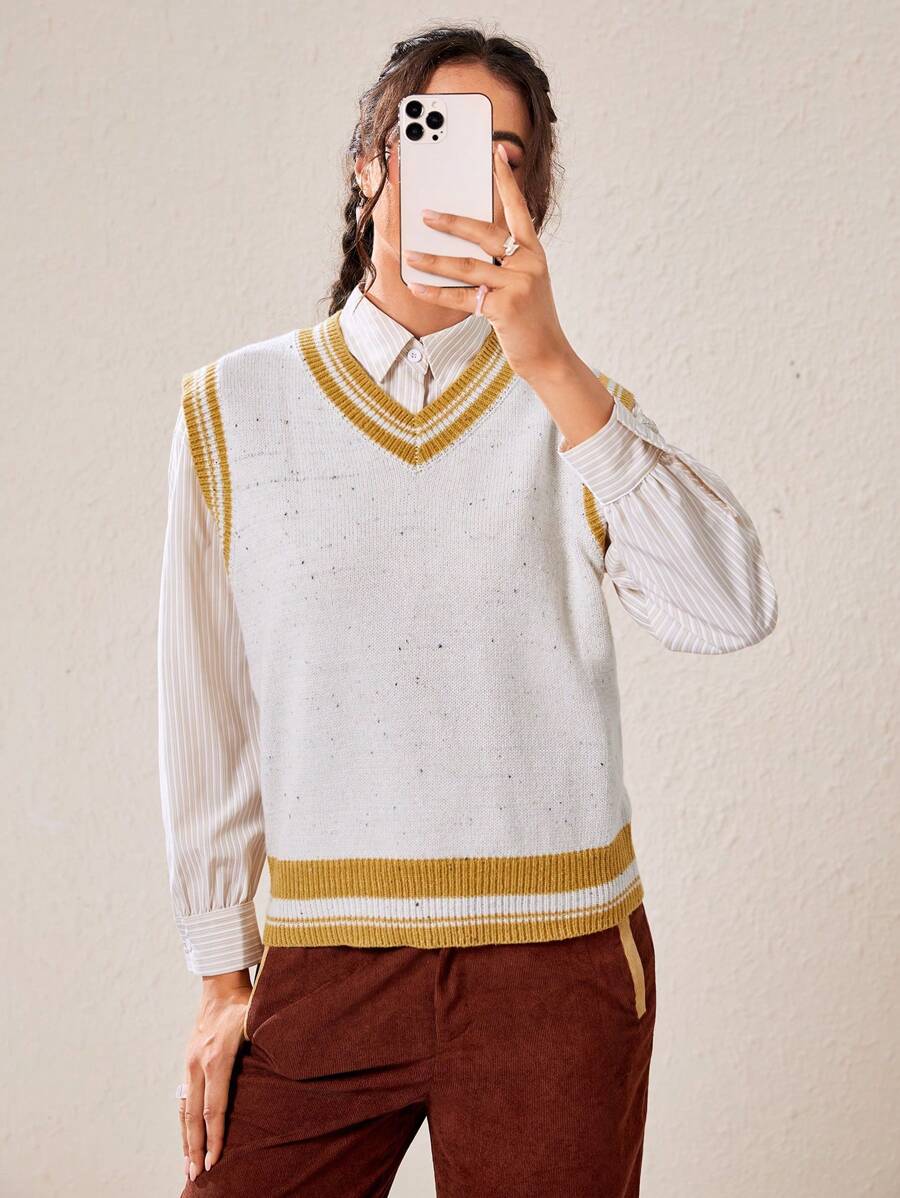 SHEIN EZwear 條紋飾邊毛衣背心不帶襯衫 - 米色 - 查看 1