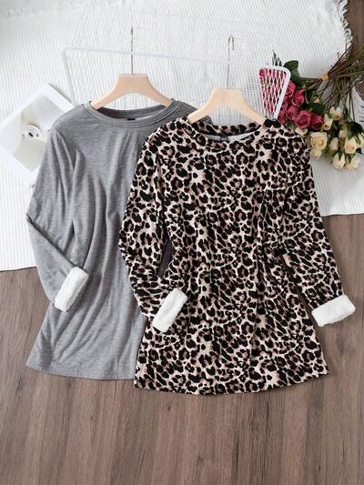 2pcs Leopard Print & Solid Thermal Tee