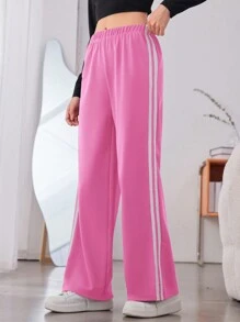 青少年女孩側拼接織帶彈性腰帶長褲 - 粉色 - 查看 1