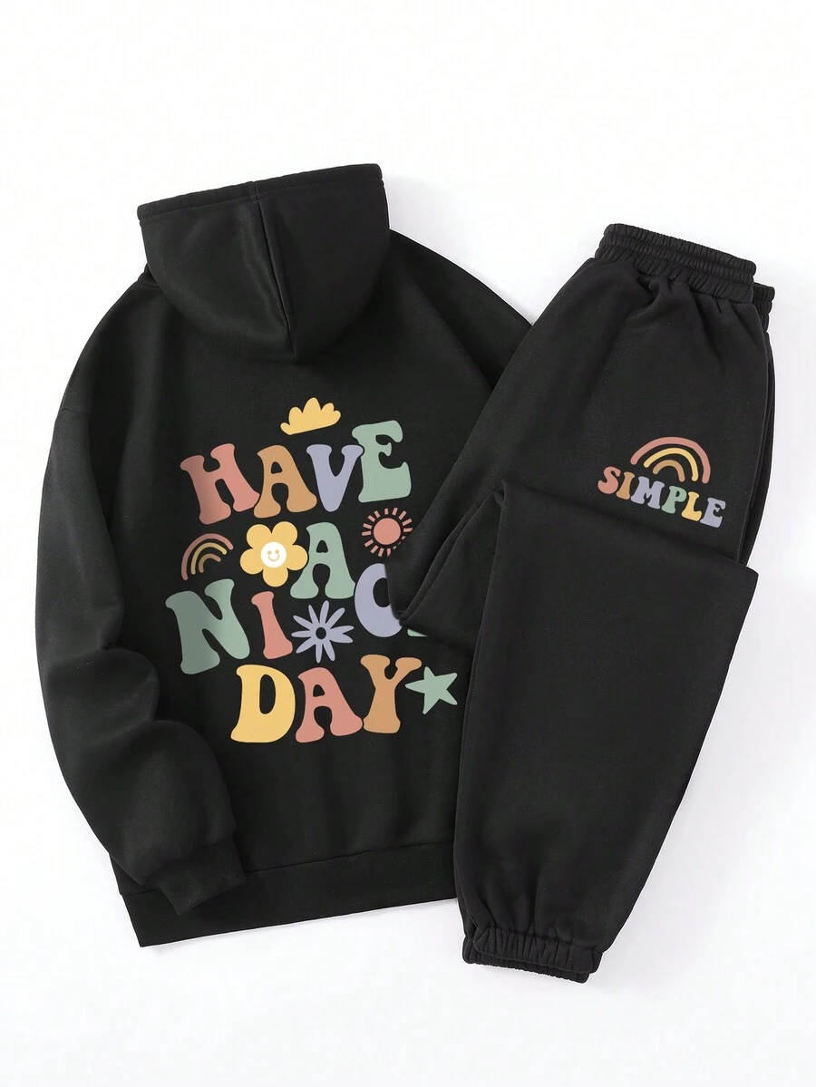 SHEIN EZwear Đồ họa Khẩu hiệu Túi kangaroo Dây rút Áo hoodie ấm áp & Quần nỉ - màu đen - Xem 1