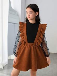 Tween Girl Contrast Heart Mesh Lantern Sleeve Top & Ruffle Trim Corduroy Suspender Skirt - Multicolor - View 3
