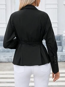 SHEIN Privé Batwing Sleeve Belted Shirt - Black - View 2