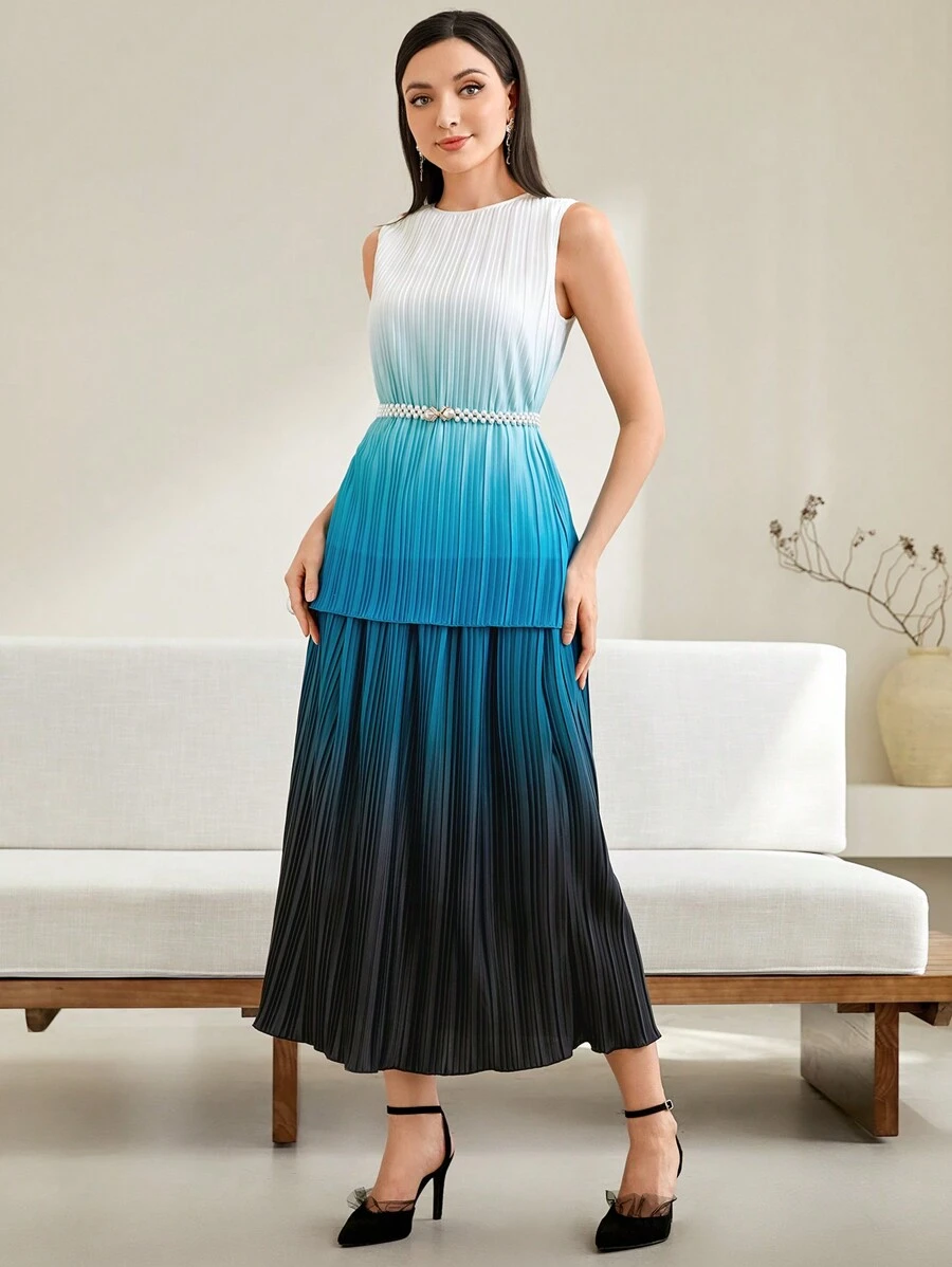 Modelyn Ombre Pleated Tank Top & Skirt Without Belt - Multicolor - View 1