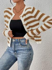 SHEIN Essnce Striped Pattern Button Front Cardigan - Brown - View 1