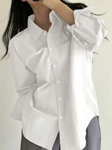 DAZY Áo sơ mi oversize hở vai đơn giản, áo dài tay - trắng - Xem 2