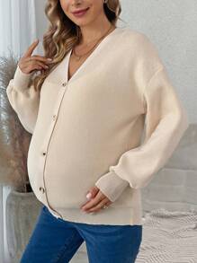 SHEIN Maternity Drop Shoulder Button Front Cardigan, For Winter - Apricot - View 2