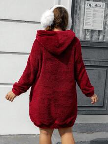 SHEIN EZwear Hơn Thả vai Flannel Đàm áo cánh có mũ - Đỏ - Xem 2