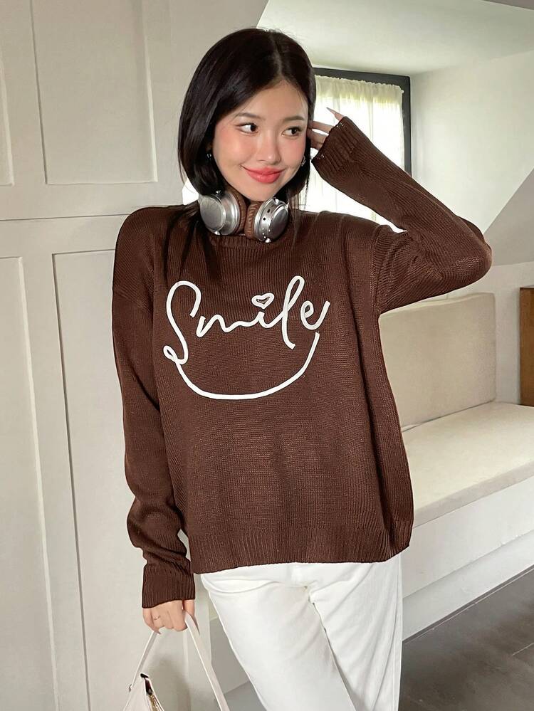 Letter Graphic Drop Shoulder Knit Pullover Fall Winter Sweater