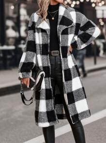 SHEIN Privé 大方格圖案大翻領法蘭絨外套 - 黑與白 - 查看 6