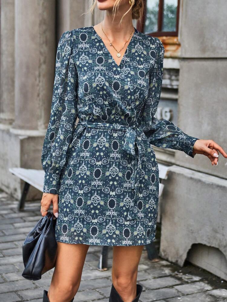 Allover Print Belted Wrap Dress Fall Cloth For Women