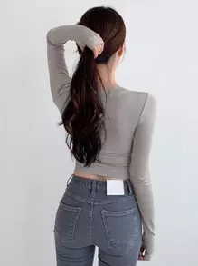 DAZY Women T-Shirts Asimetris Split Rib-Knit Plain Casual - Light Grey - View 2