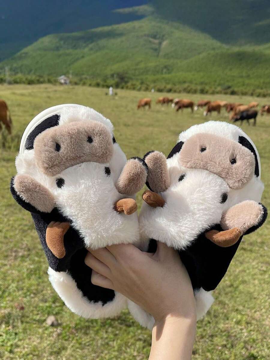 女士卡通可爱拖鞋，2024秋冬新款保暖羊毛防滑室内/户外毛绒奶牛图案拖鞋 - 黑與白 - 查看 1