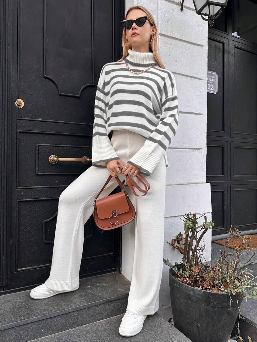 SHEIN Cottnline Striped Pattern Turtleneck Drop Shoulder Sweater & Knit Pants - Multicolor - View 1