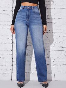 SHEIN Privé Zipper Fly Straight Leg Jeans - Light Wash - View 3