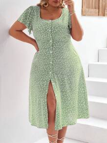 SHEIN Frenchy 大碼愛心圖案前紐扣洋裝 - 綠色 - 查看 5