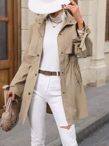 SHEIN LUNE Slant Pocket Elastic Waist Coat - Khaki - View 1