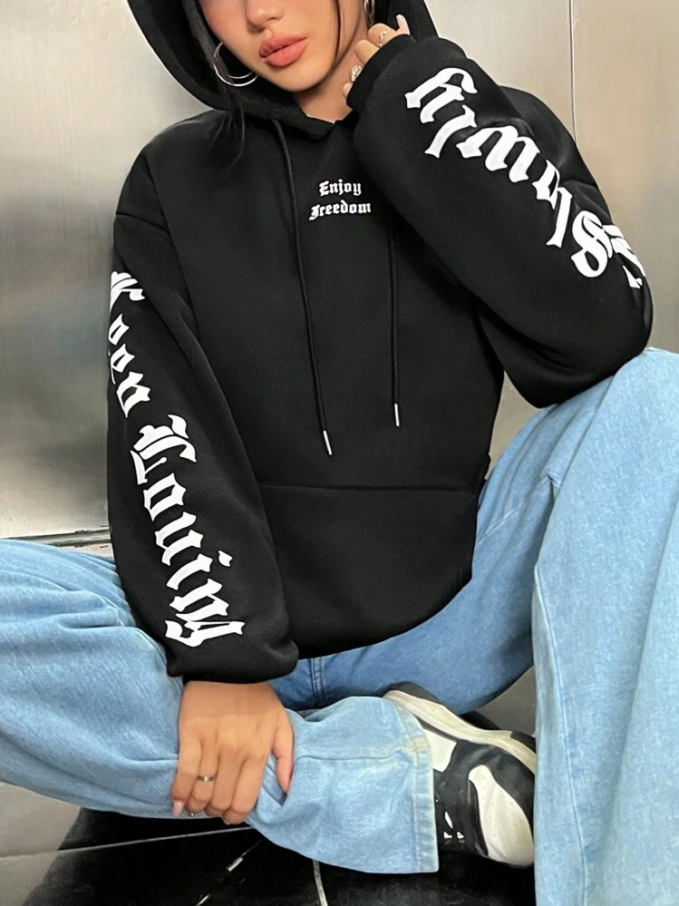 SHEIN EZwear Letter Graphic Kangaroo Pocket Drop Shoulder