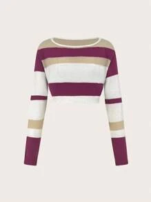 SHEIN EZwear كنزة صوف قصير نمط مخطط - لون مشمشي - مشاهدة 2