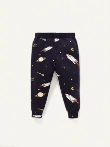 Baby Boy Snug Fit Pajama, Rocket Print Round Neck Top And Long Pants Set - Royal Blue - View 2
